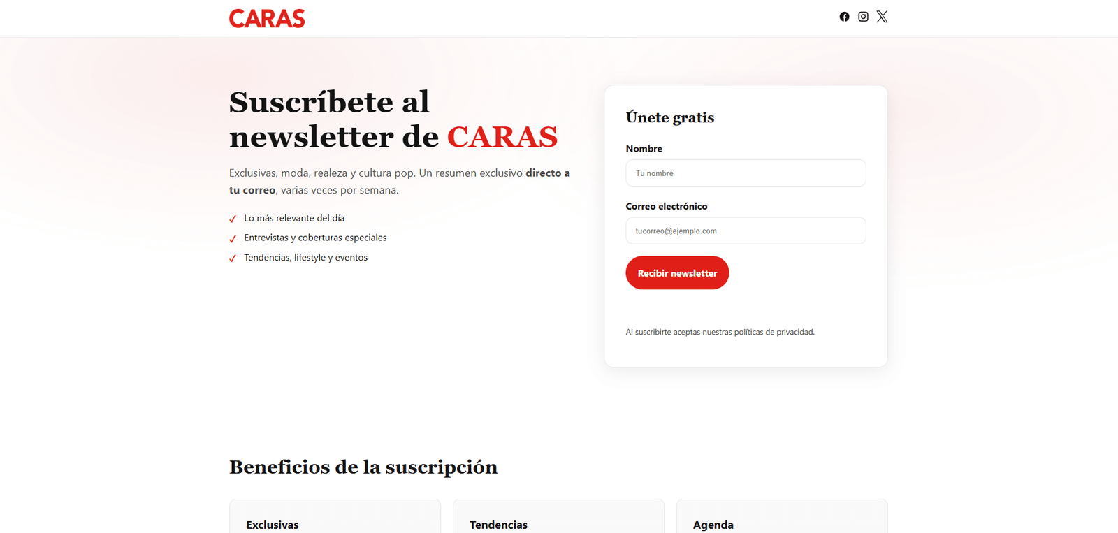 Landing de Newsletter CARAS